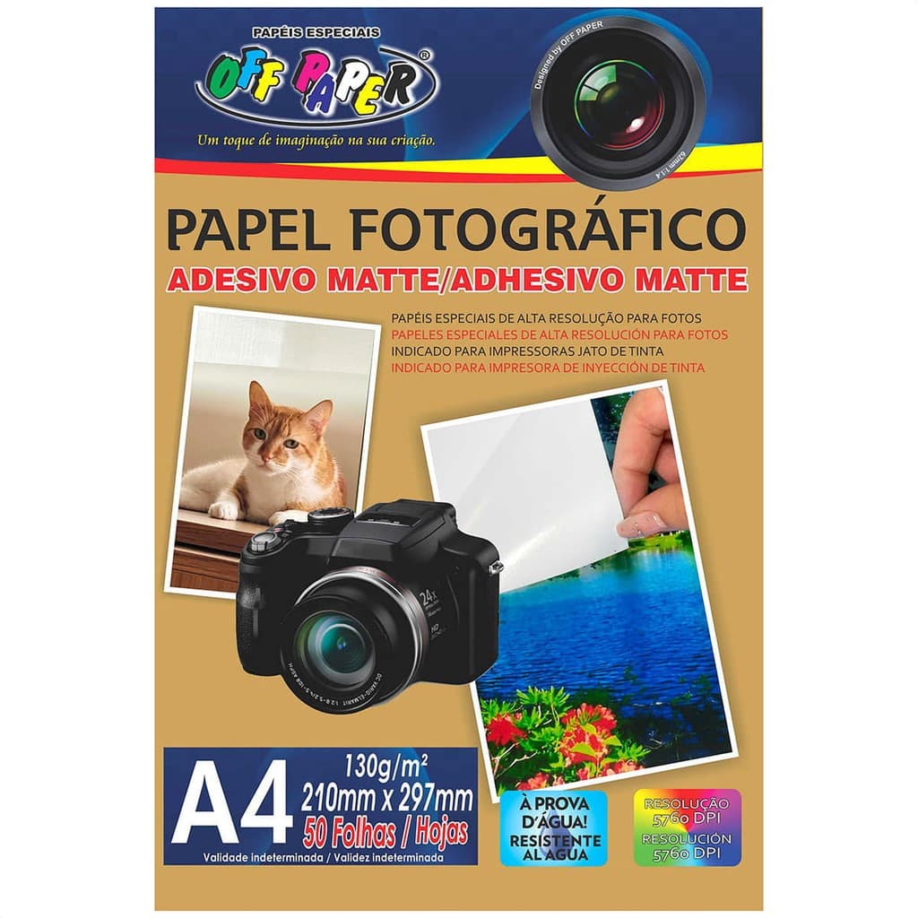 Papel Adesivo Matte Fosco A4 130g Fotográfico Branco Alta Resolução Off Paper com 50 Folhas