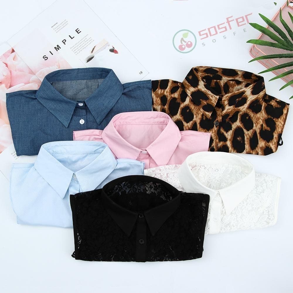 Camisa SOSFER Gola Falsa Vintage Mulheres Homens Clássico Renda Preto/Branco Leopardo Grão Lapela Algodão