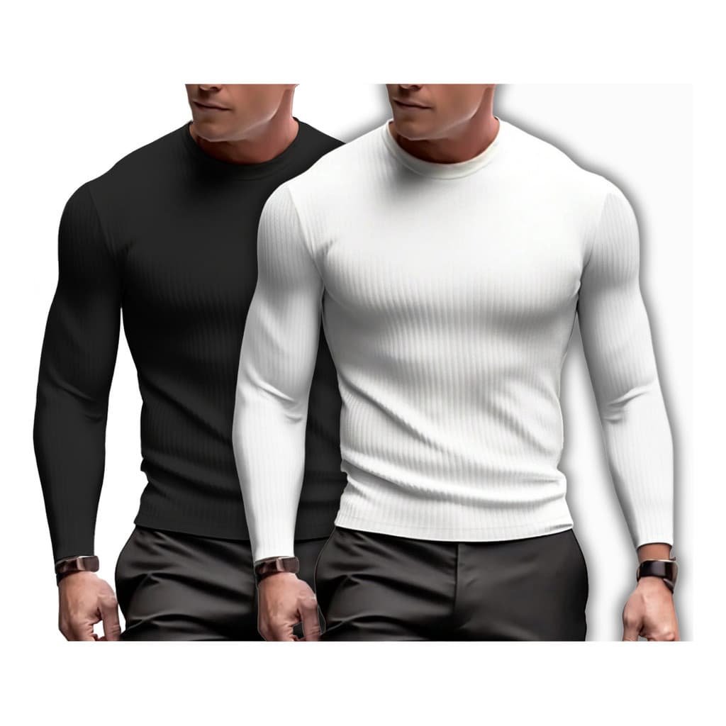 Kit 2 Camisetas Masculinas Manga Longa Malha Canelada Gola Alta Slim Blusa de Frio Inverno Térmica Premium
