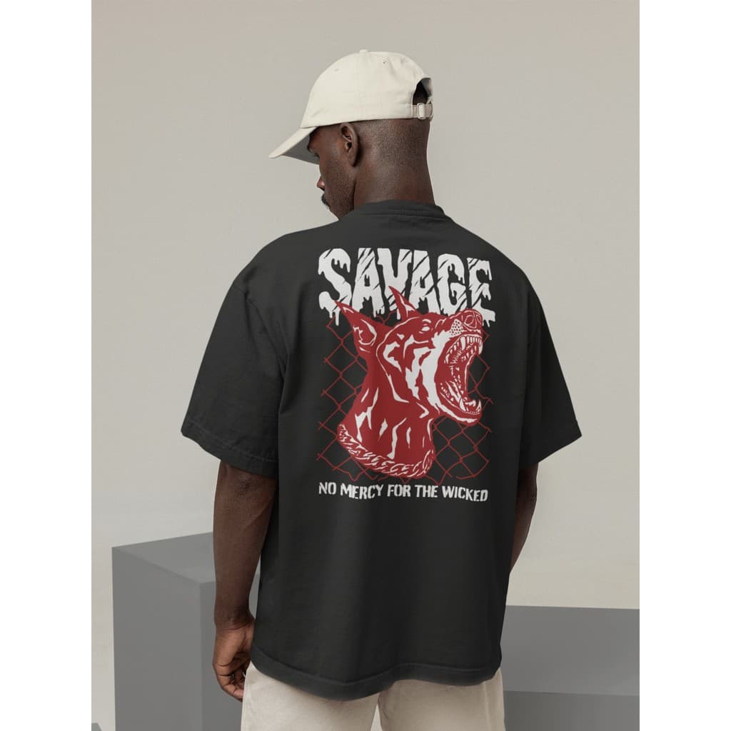 Camiseta Oversize Streetwear Masculino e Feminino 100% Algodão Treino e Dia a Dia Preto e Off Whte Estampado - SAVAGE