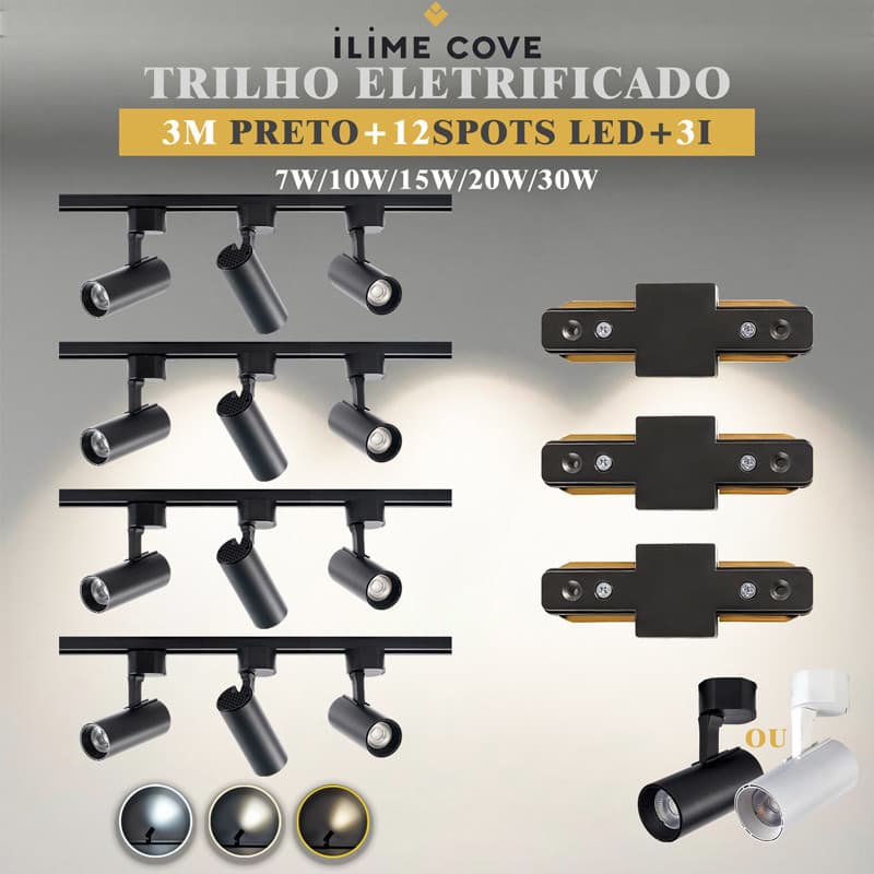 Luxuoso Spot LED Trilho Eletrificado Kit 4M + 12Spots 3-Tipo I Cor Preto Branco Bivolt 7W a 30W