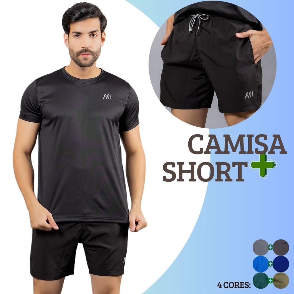 Conjunto 2 Peças Camiseta Dry Fit Masculina Esportiva + Short Tactel Masculino Bermuda Treino