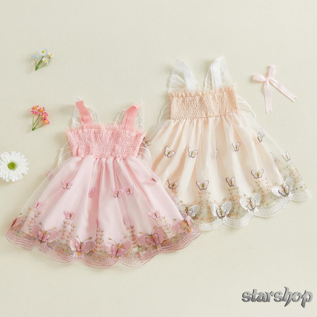 Starshop-Vestido Infantil Para Meninas Com Bordado De Borboleta , Sem Mangas , Casual Bebês , Moda Verão De Princesa