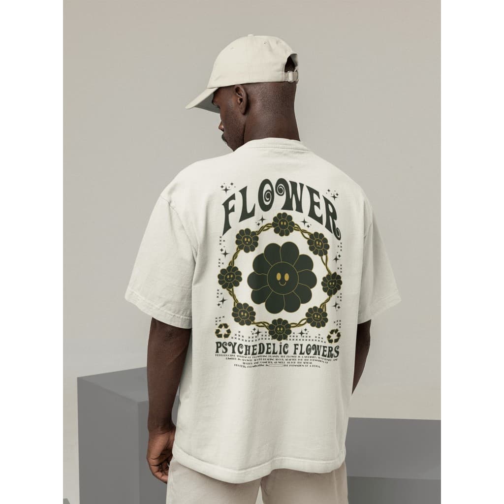 Camisa Camiseta Oversize Streetwear Masculino e Feminino para Treino e Dia a Dia Preto e Off Whte Estampado - FLOWER