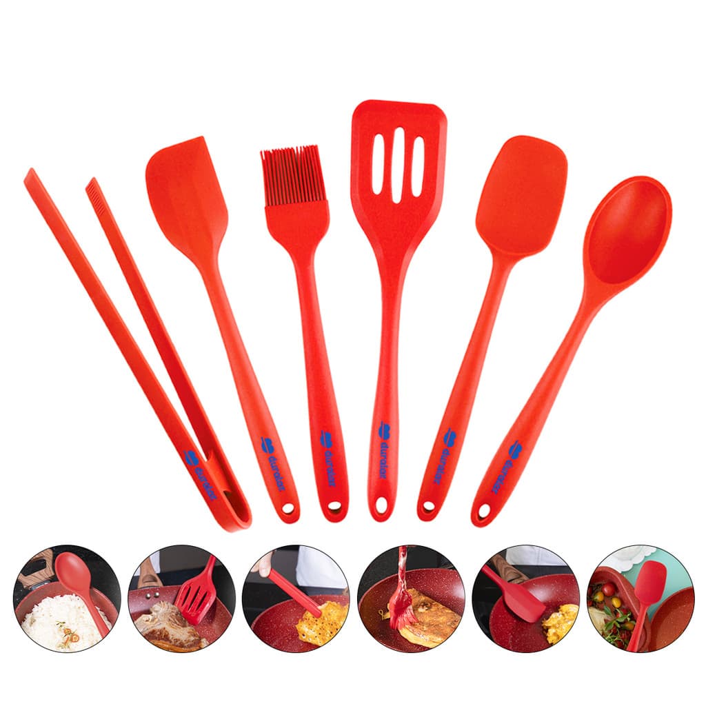 Kit Conjunto Utensílios Cozinha Silicone Resistente 6 Peças Colher Espátula Pegador Vermelho Duralar