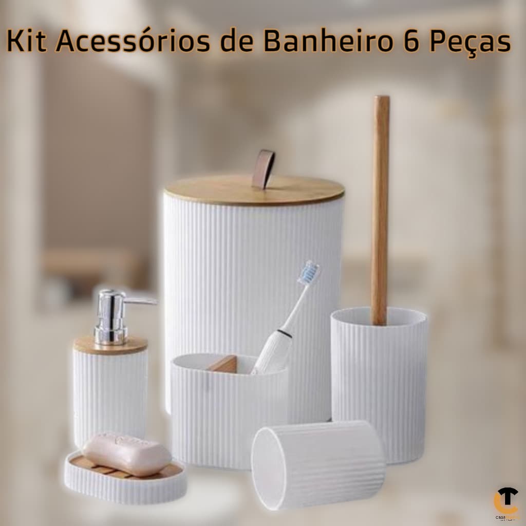 Kit Banheiro Conjunto 6 Peças Completo Lixeira com Tampa Basculante Bambu Lavabo Escova Sanitária