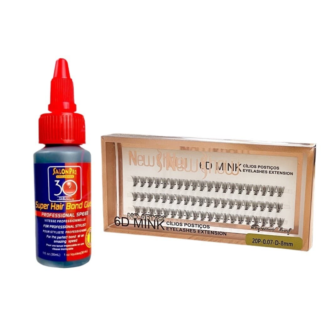 KIT Para Cílios Postiços Com Cola Salon Pro 30ml + Caixa de Cílios 6D NEW SHOW Tufos Sem Nó - S016
