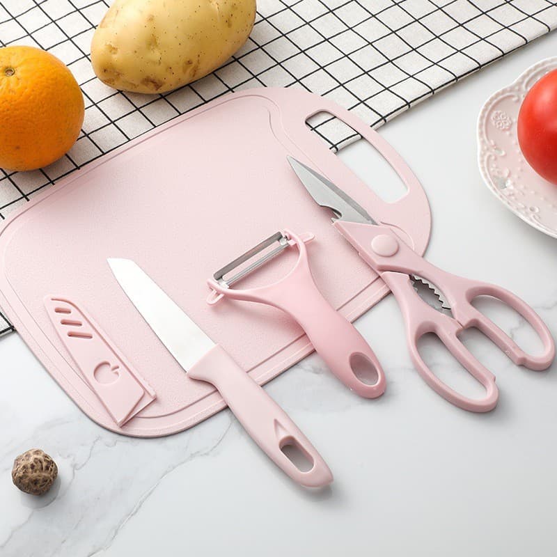 Kit 4 Peças - Faca de Utensílios de Cozinha Tesoura Descascador Tábua Culinária Inox