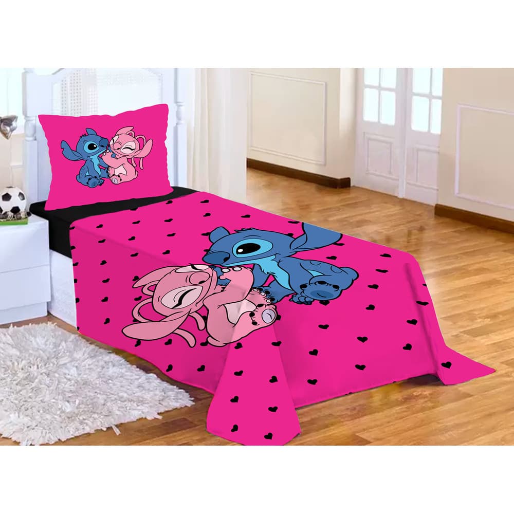 Lençol sem Elástico Solteiro e  Fronha LILO STITCH PINK CORAÇÃO