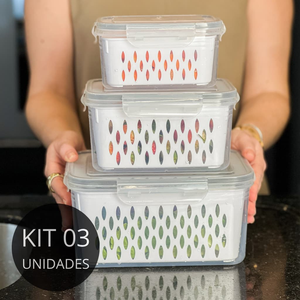 Kit 3 Potes Herméticos com Cesto Escorredor Branco Plástico