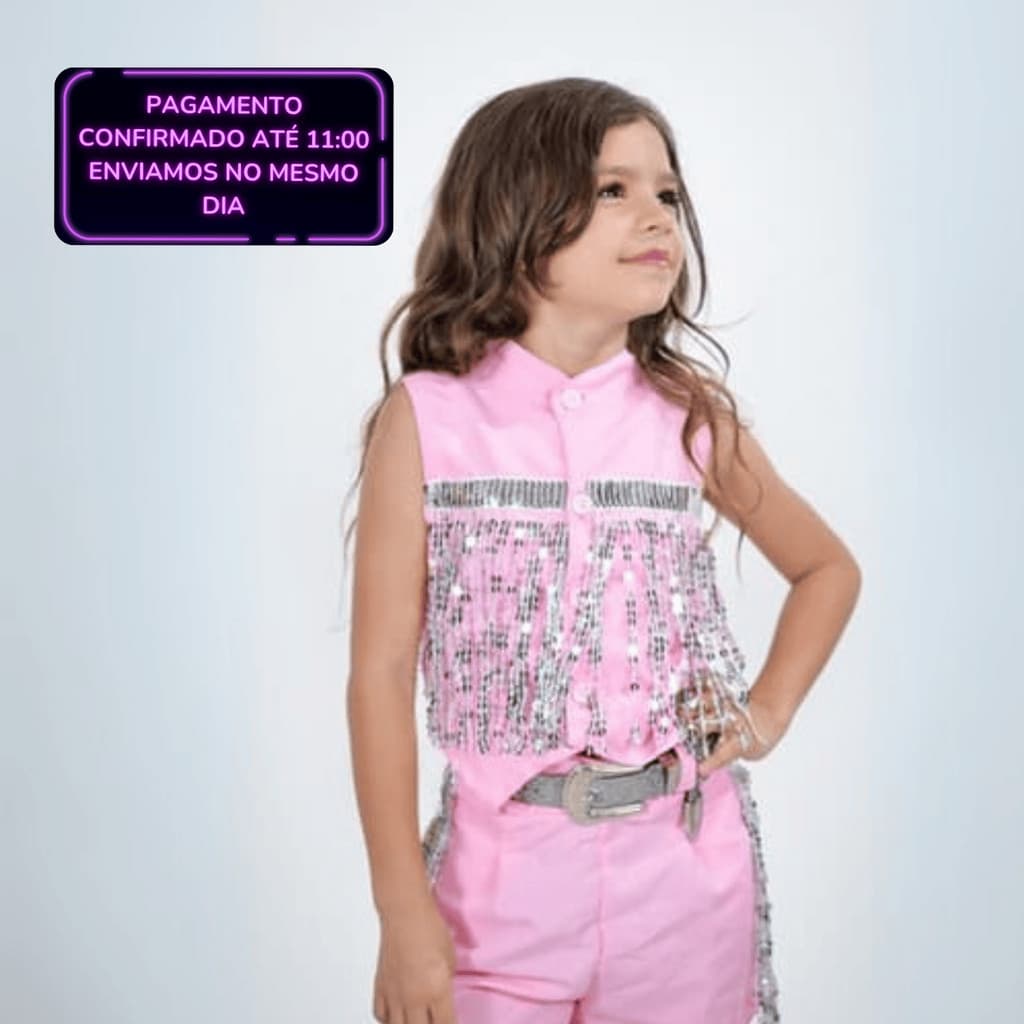 Conjunto Country Infantil Luxo - Boiadeira Rosa Bebê com Franjas de Lantejoulas Exclusivo