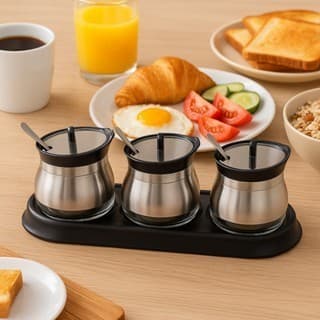Conjunto 3 Unidades Vasilha Pote Recipiente Inox Suporte Colher Conserva Tempero Condimentos Vidro