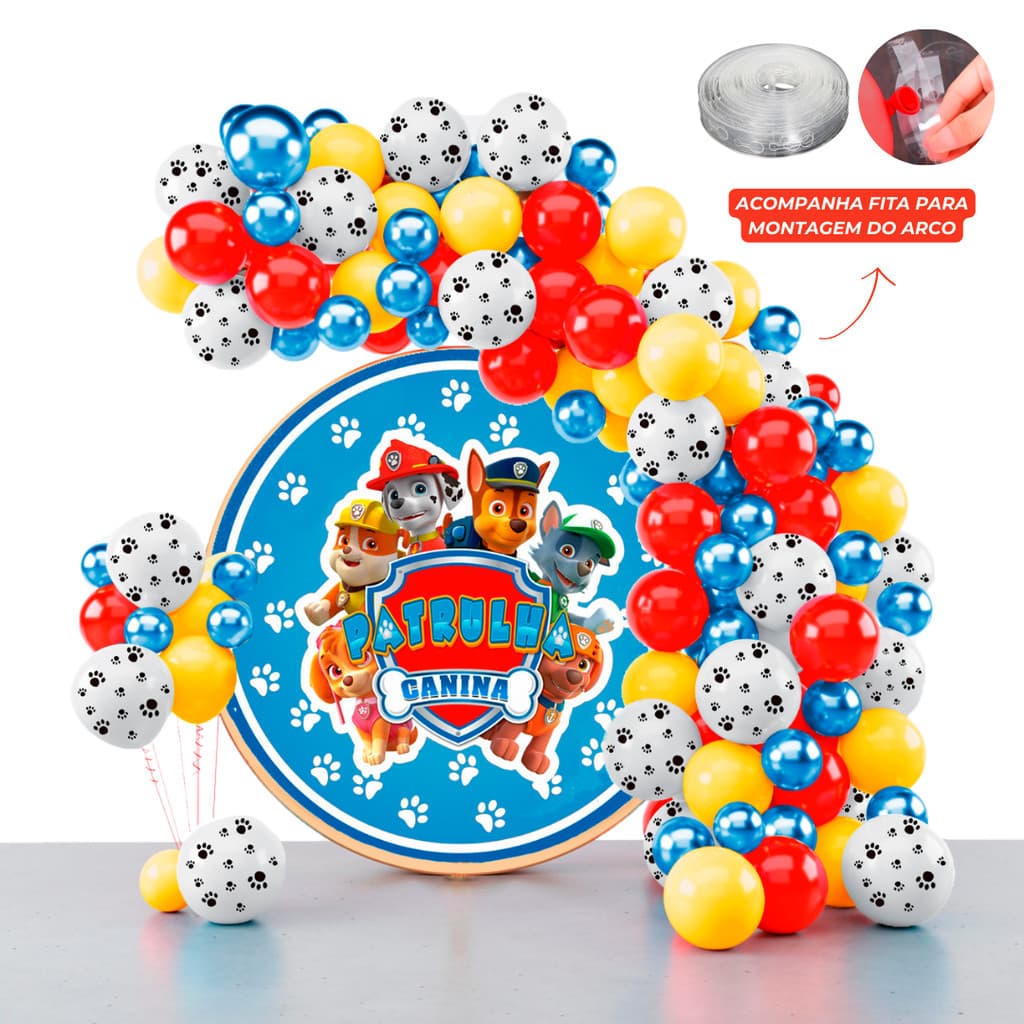 Kit 150 Balões Festa Patrulha Canina + Fita Arco - Balão Bexiga Liso/Cromado Para Aniversários