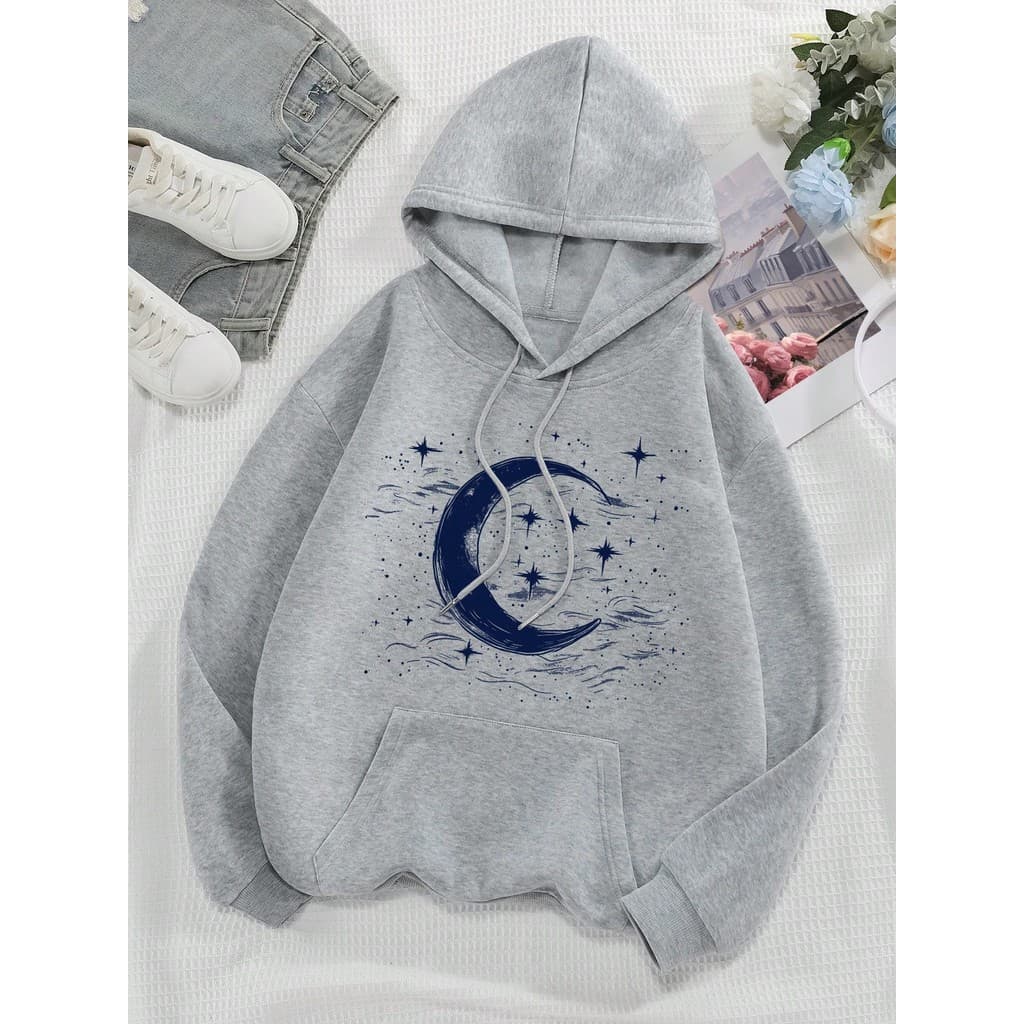 Moletom com capuz de Estrela e Lua Feminino, Blusas de Manga Longa