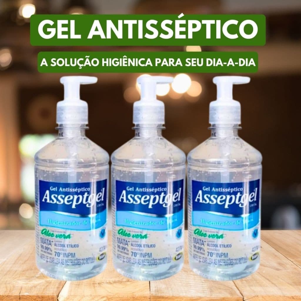 Álcool Em Gel Kit Com 3 Antisséptico Higienizador Asseptgel Cristal Aloe Vera 420g Hidratante Limpeza
