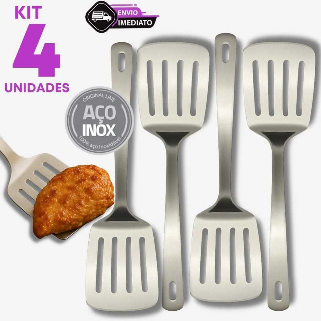 Jogo 4 Espátula Vazada Inox 25,8cm Hamburguer Profissional Grelha Panqueca Churrasco Cozinha Casa