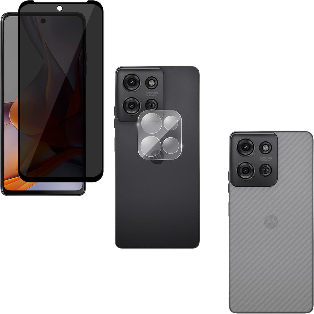 Película Vidro Privacidade + Película Câmera Vidro + Película Traseira Carbono Para Moto G75 5G
