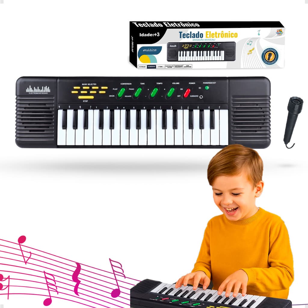 Piano Teclado Preto Musical Infantil Eletrônico 32 Teclas Com Microfone Para Criança Babyland