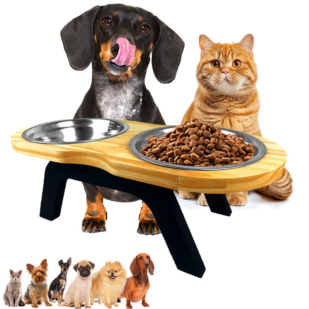 Bebedouro Comedouro Duplo Alto Arredondado Gato Cachorro Pequeno Porte Madeira Elegante Ração Água