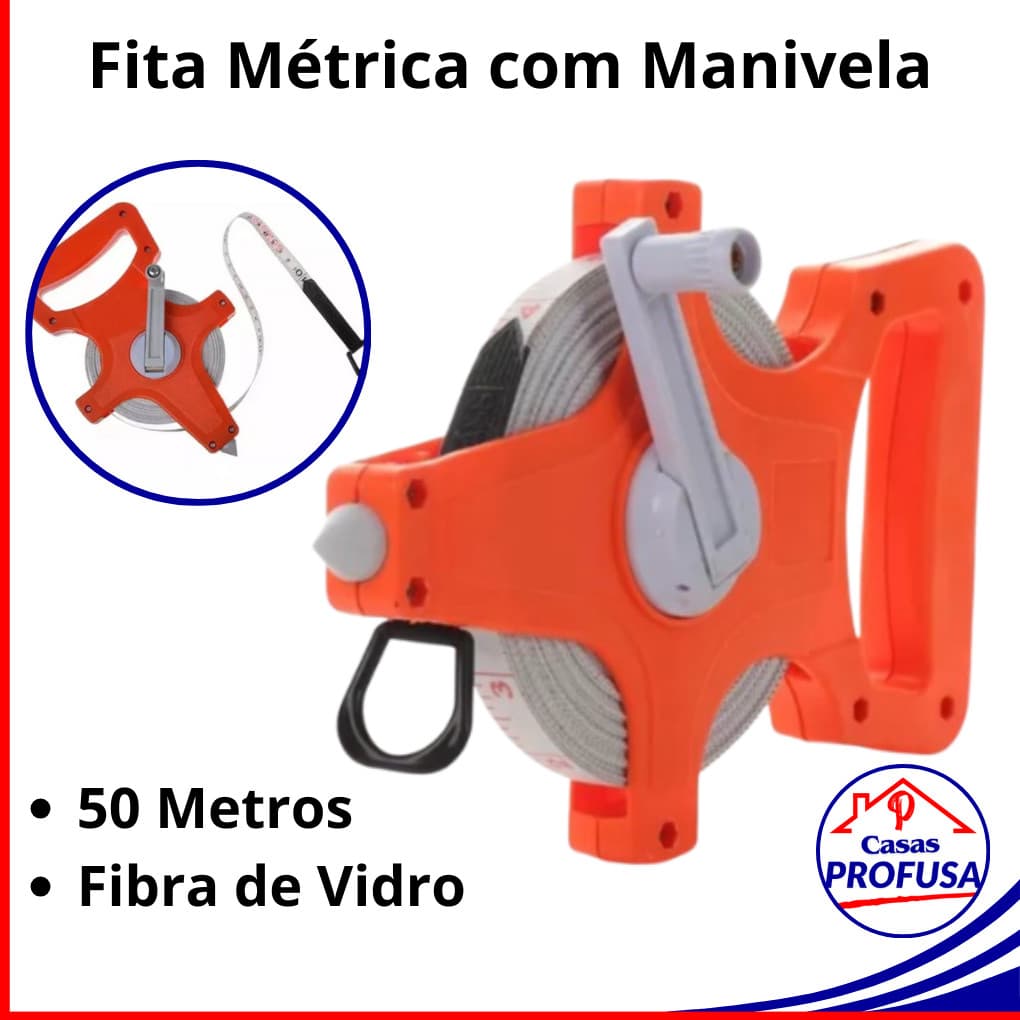 Trena Longa Distancia com Manivela Fita Métrica 50 Metros de Fibra Vidro Agro Construção Indústria