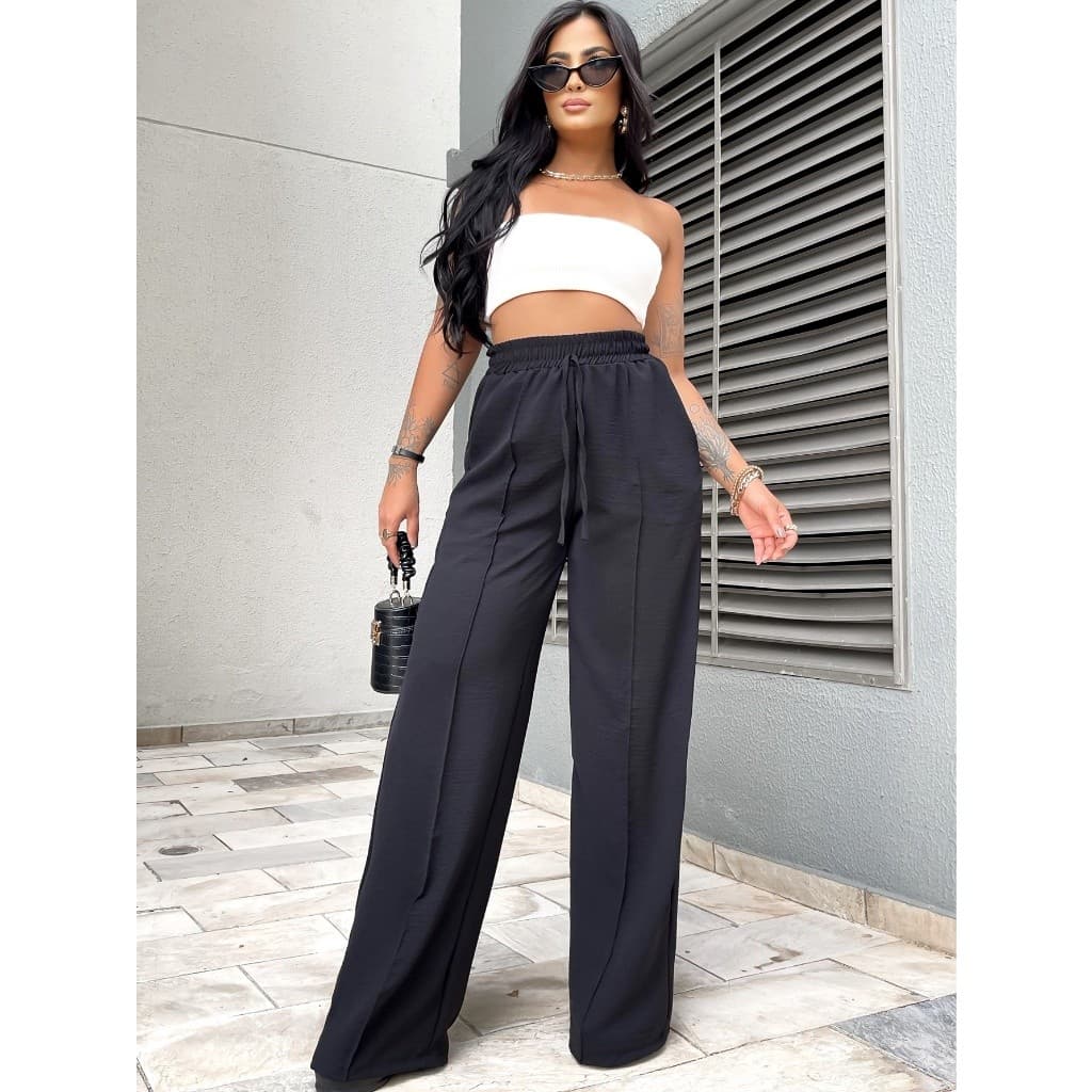 Calça Feminina Pantalona Duna Cintura Elástica Com Bolso Cintura Alta