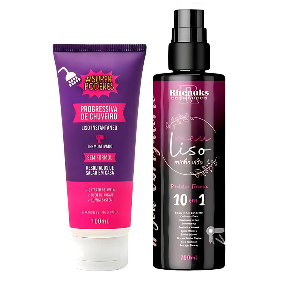 Progressiva de Chuveiro Sem Formol 100ml + Spray Protetor Térmico Meu Liso 200ml - Kit Liso Perfeito