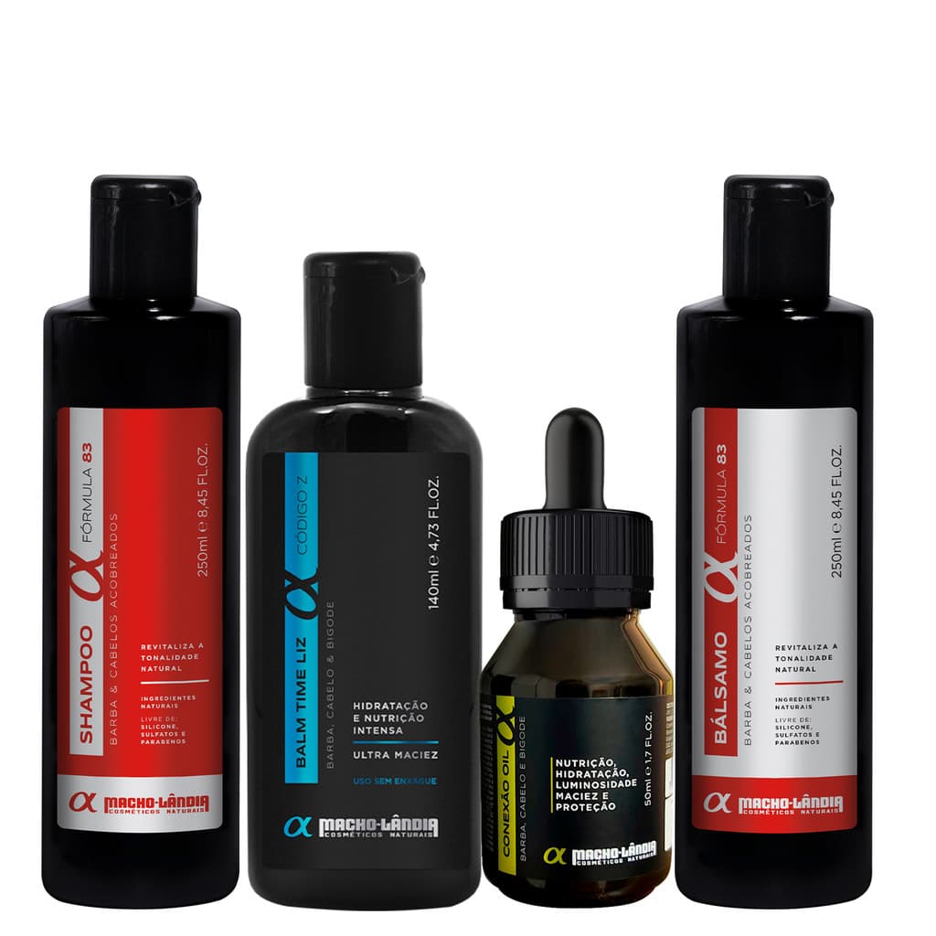 Kit Barba Ruiva Macho Lândia Fórmula 84 Shampoo Balm Bálsamo e Óleo para Barba Hidratação Brilho Fios Acobreados 4 Itens