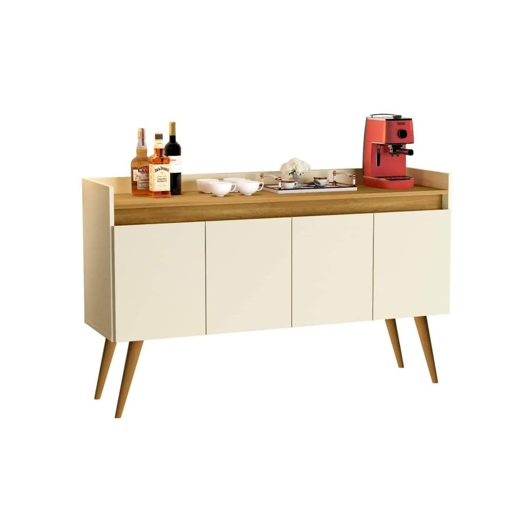 Buffet Lux 4 Portas Pés Palito - Off White / Madeirado - JM Mais Móveis