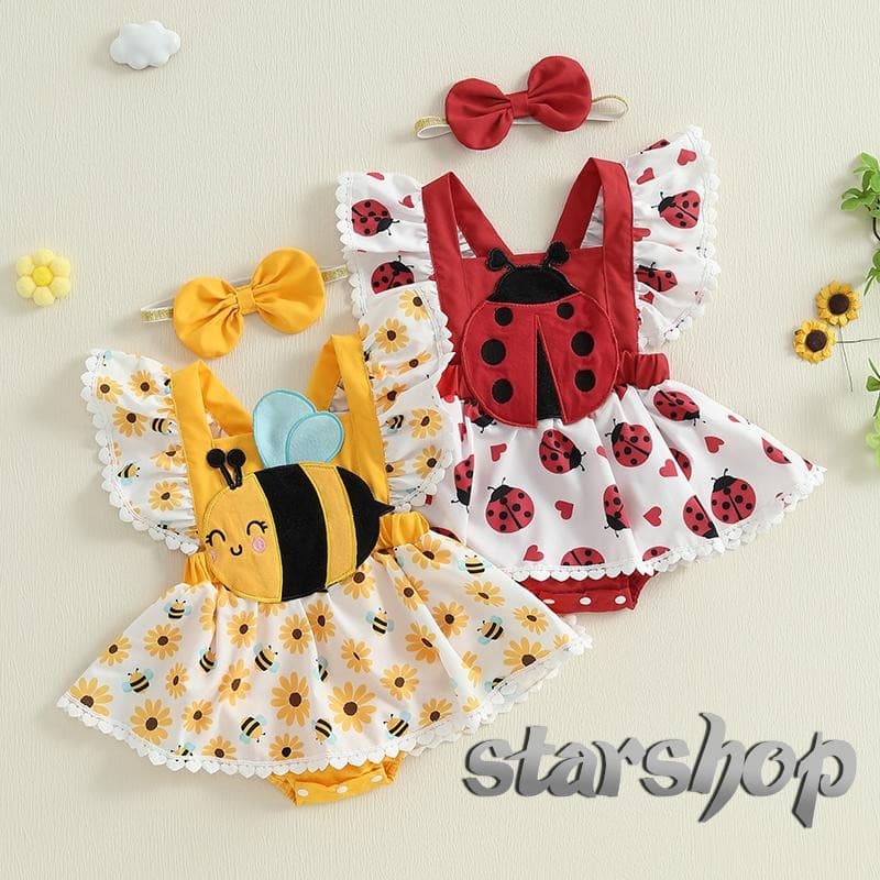 Starshop-Macacão Para Bebês Meninas , Vestido Com Estampa De Abelha/Joaninha , Bainha , Manga Voadora , Macacões Faixa C