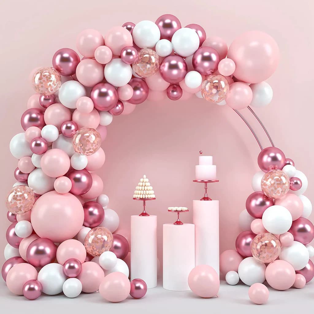 Kit 175 Balões Rosa + Branco + Cristal N°7 + (Confete) + Rosa Cromado N°5 + Fitas Para Balão Bexiga Liso Para Festas
