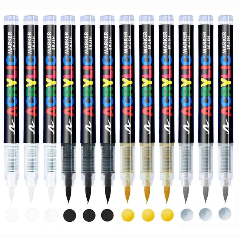 3 Pçs Acrílico Marcador Caneta Pincel Canetas Branco Preto Pintura Arte Marcadores