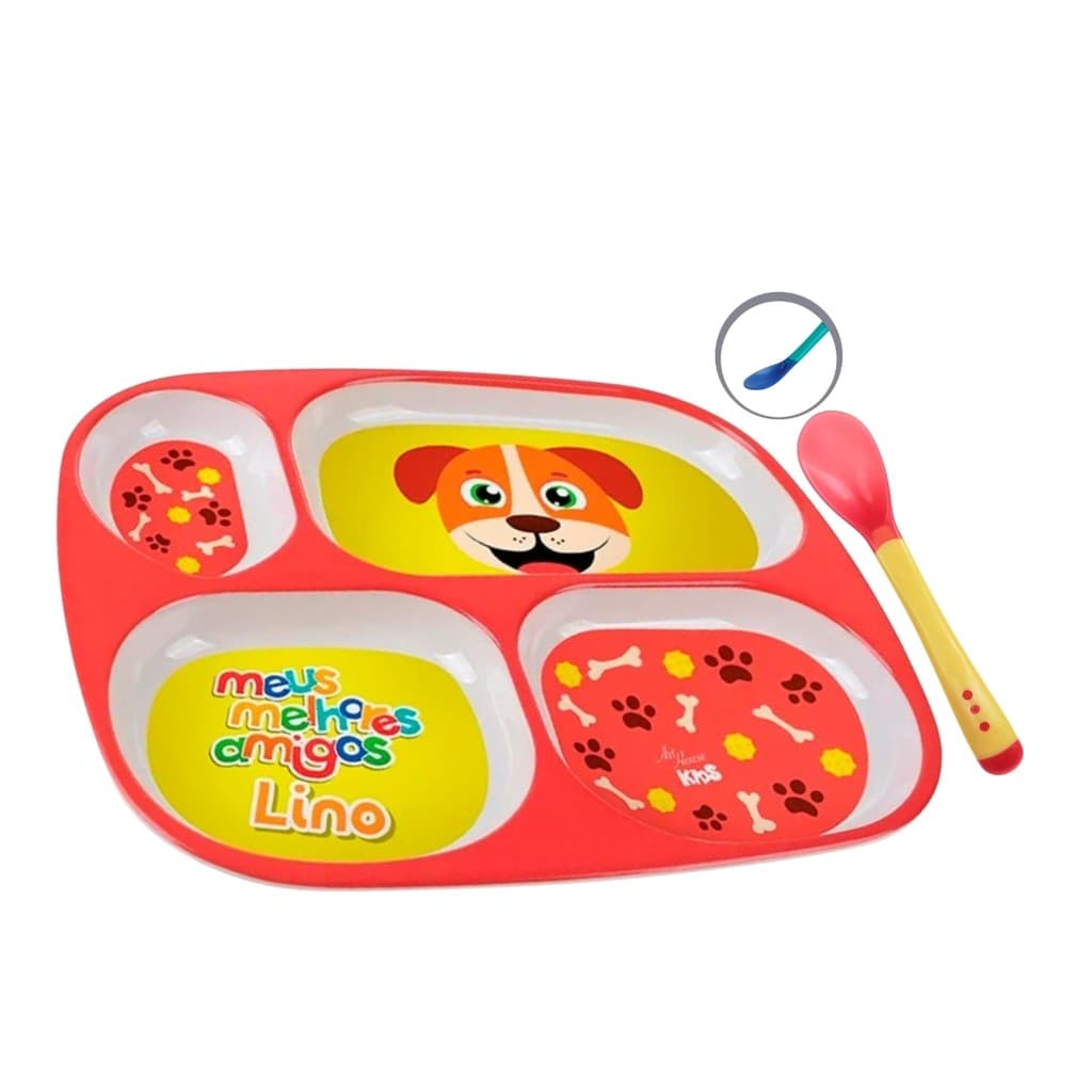 Kit Prato Divisória + Colher Refeição Bebê Crianças Personagens Divertidos Infantil