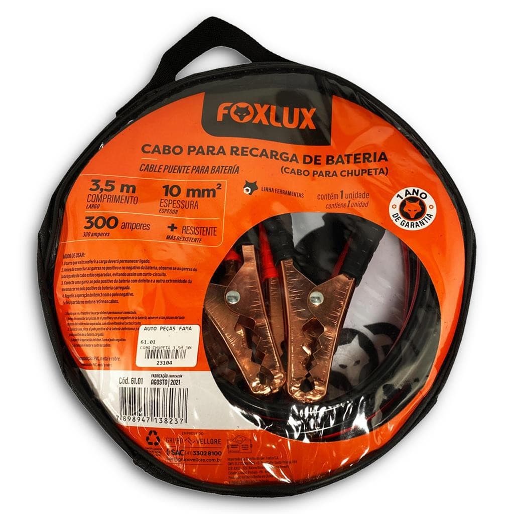 Cabo de Chupeta 10mm 3,5m Foxlux Recarga de Bateria com Bolsa e Garras Reforçadas