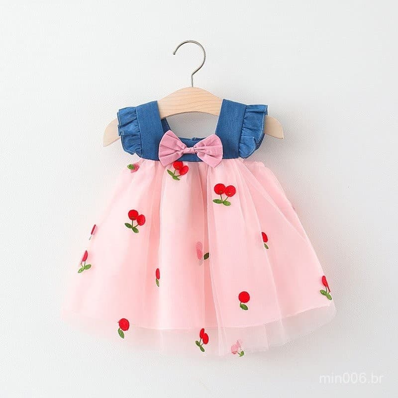 Vestido de Verão para Menina Estilo Coreano Bordado em Malha Princesa