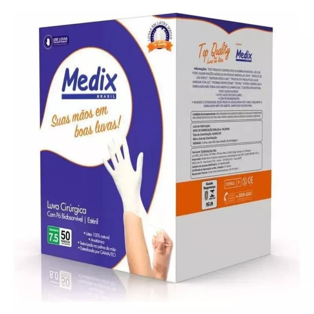 Par de Luva Cirúrgica Estéril de Látex Com Pó Medix