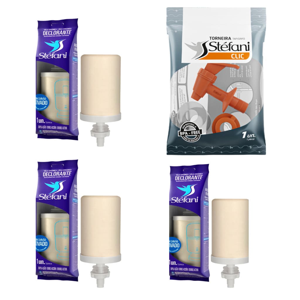 Kit 03 un Vela Stéfani Declorante Dupla Ação Carvão Ativado + 01 un Torneira Original Stéfani Clic