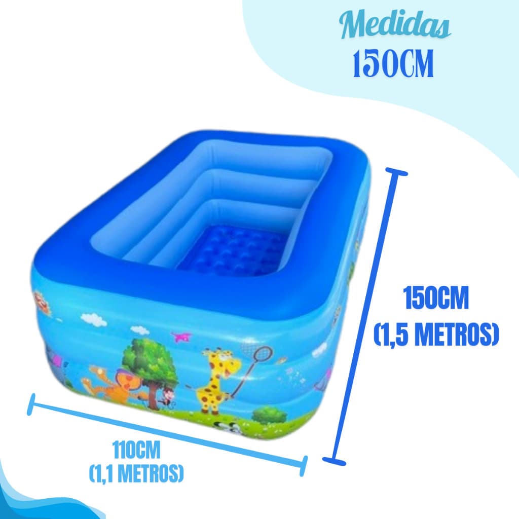 Piscina Inflável Retangular Infantil 3 Anéis 150cm 300 Litros Azul