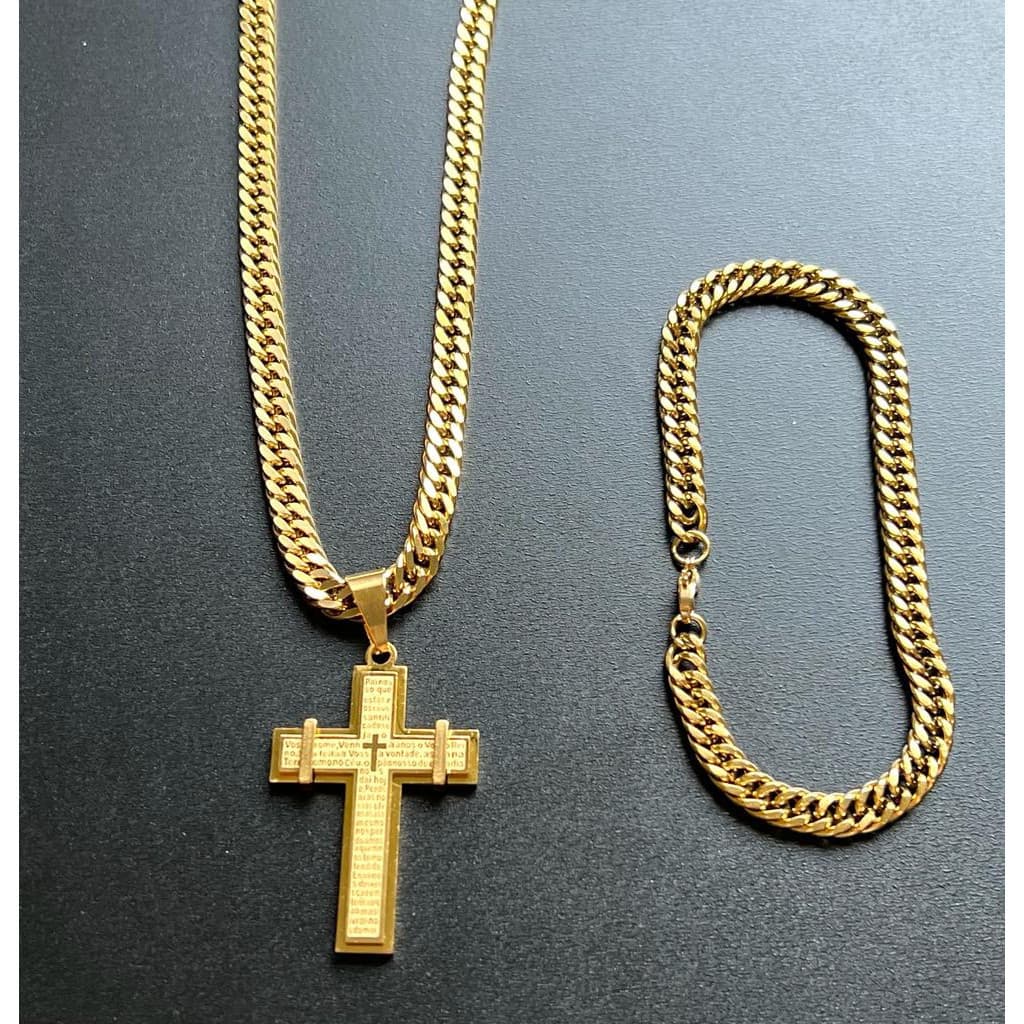 Kit Corrente Elo Duplo + Pingente Crucifixo + Pulseira Masculina Em Aço Inoxidável Presente