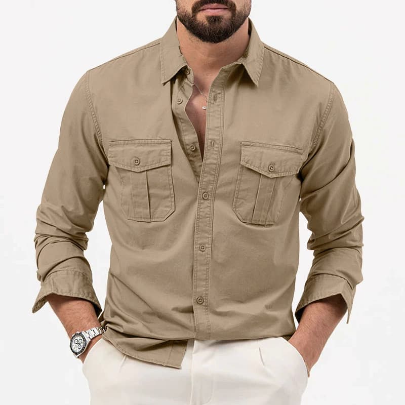 Nova camisa masculina Multi-bolso Casual manga comprida topo