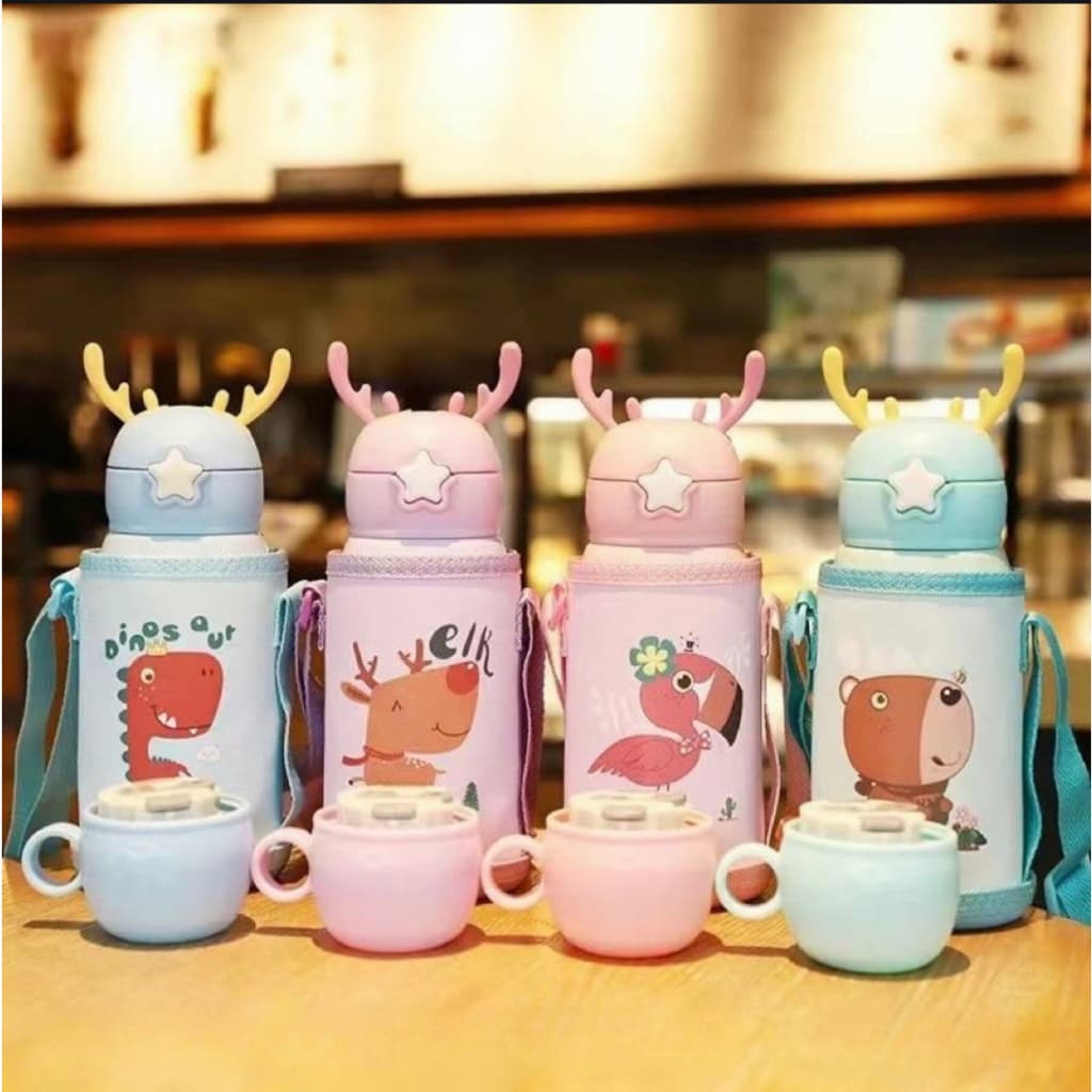 Garrafa termica Infantil Bebe Aço inoxidável 500ml com Tampa copo e Canudo e Alça Chifre