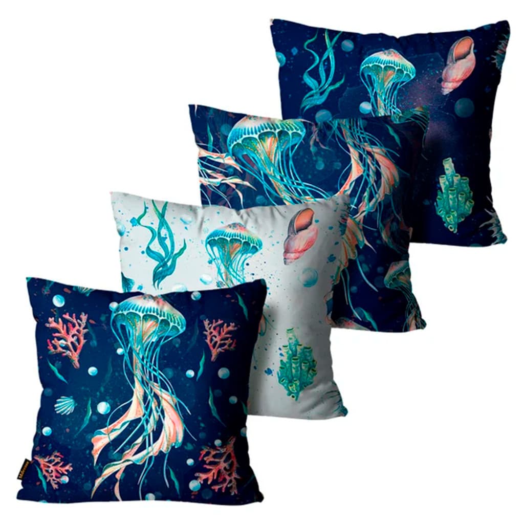 Kit C/ 4 Capas de Almofadas Fundo do Mar Azul Marinho 45x45cm