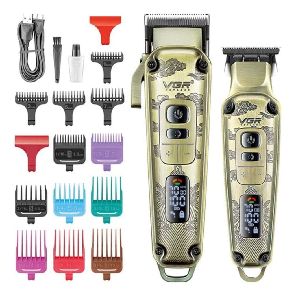 Kit 2 Máquinas Profissional VGR V-643 Corte e Acabamento 4 Velocidades Display LED + Bateria 2600mAh