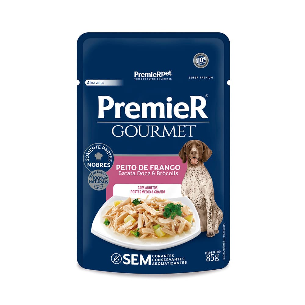 Ração Úmida Sachê Premier Gourmet Cães Porte Médio e Grande Frango, Batata Doce e Brócolis - 85g