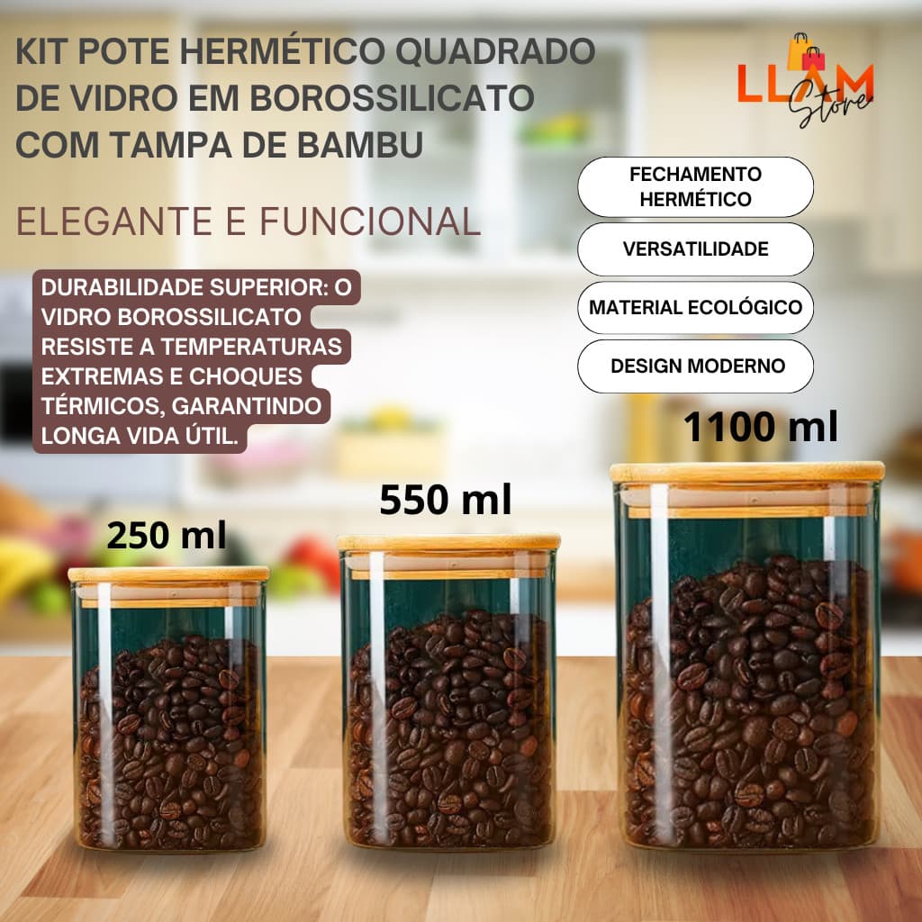 Kit com 3 Potes Herméticos de Vidro Borossilicato com Tampas de Bambu (250ml, 550ml, 1100ml)