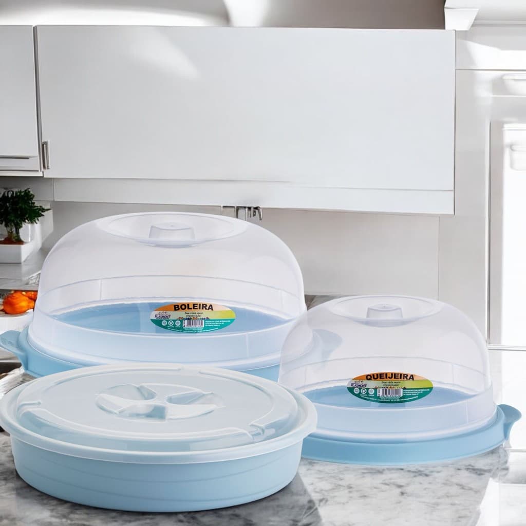 Kit Boleira + Queijeira + Torteira de Plastico Com Tampa Hermetica Para Alimentos