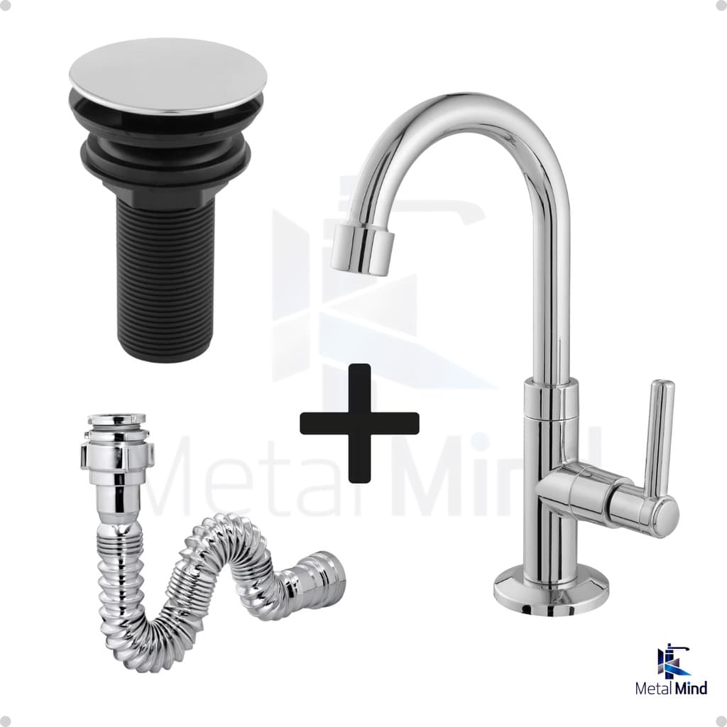 Kit Torneira Baixa Pia Banheiro Lavatório ABS + Valvula 7/8 + Sifão - CROMADA