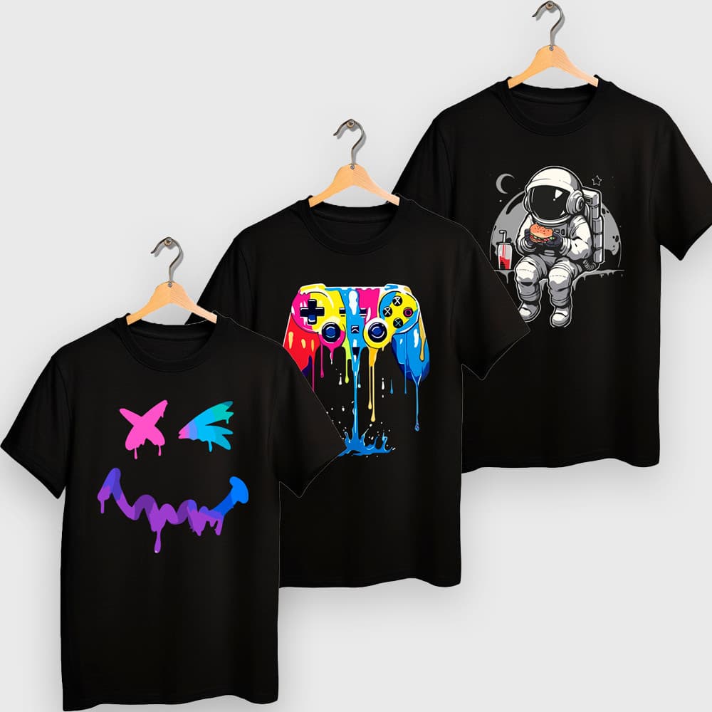 Camiseta Infantil e Juvenil Menino e Menina Preta Varias estampas modernas 4 a 16 anos