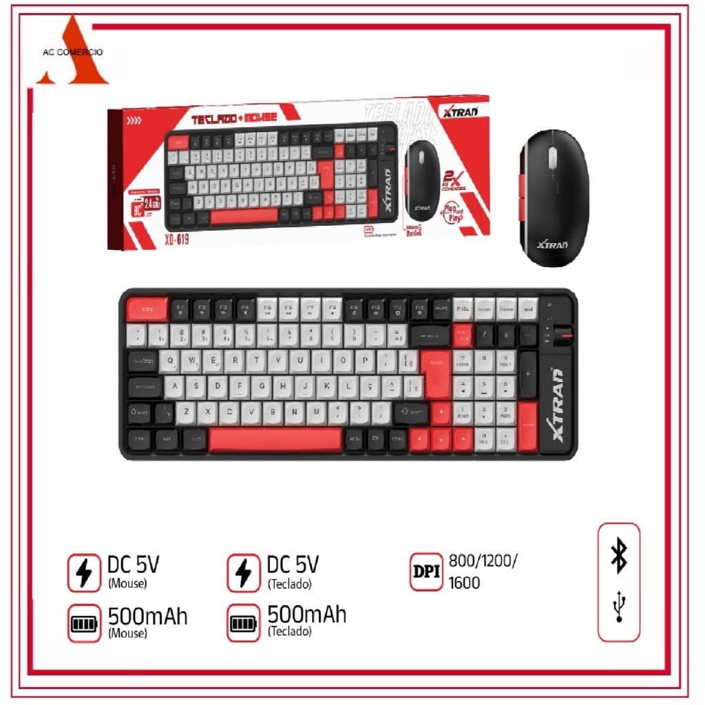 XTRAD Kit Teclado + Mouse Sem Fio bluetooth recarregavel Teclado para jogos escritório