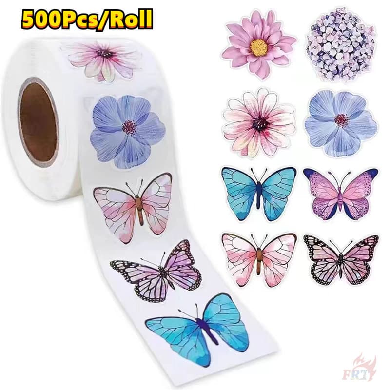 ❉ Ins Flor E Borboleta . Adesivos De Recompensas Infantis 500 Unidades/Rolo Decalques De Etiqueta De Vedação De Scrapboo