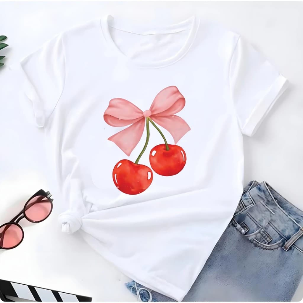 Blusa T-shirt Linda Camiseta Feminina Laço Cereja Camisa